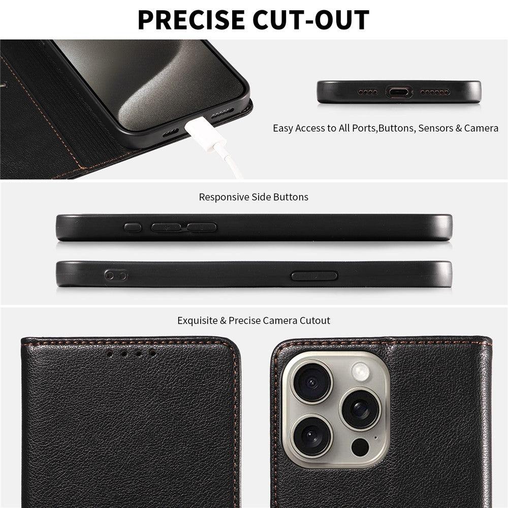 For iPhone 13 Pro Max Leather Case Litchi Texture RFID Blocking Wallet Stand Phone Cover