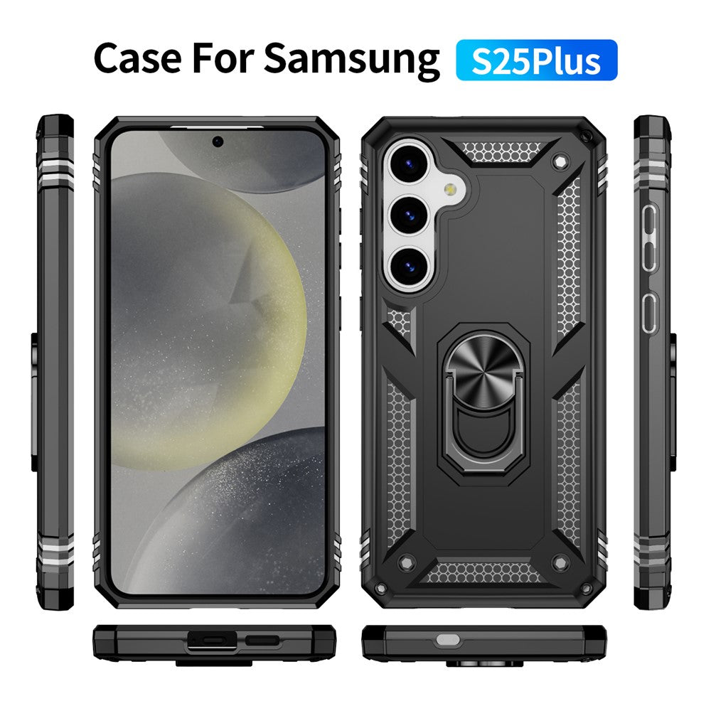 For Samsung Galaxy S25+ Case PC+TPU Phone Cover with Rotary Ring Kickstand
