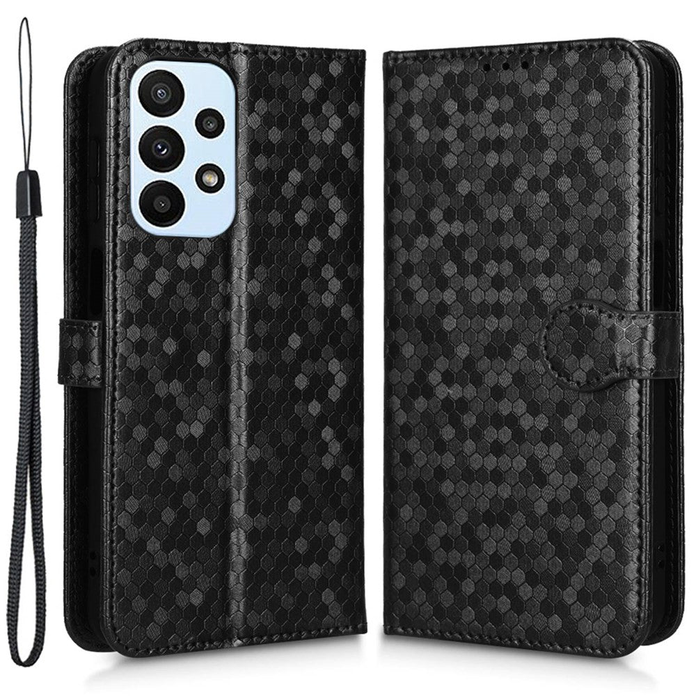 Til Samsung Galaxy A23 4G / 5G (Global Version) PU-læder Flipcover med Prikket Mønster, Imprægneret Pung, Justerbar Stand, Magnetisk Telefonetui med Rem