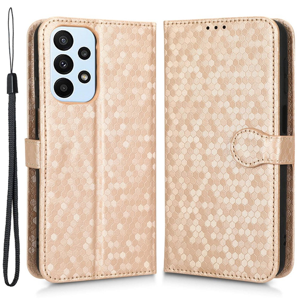 Til Samsung Galaxy A23 4G / 5G (Global Version) PU-læder Flipcover med Prikket Mønster, Imprægneret Pung, Justerbar Stand, Magnetisk Telefonetui med Rem