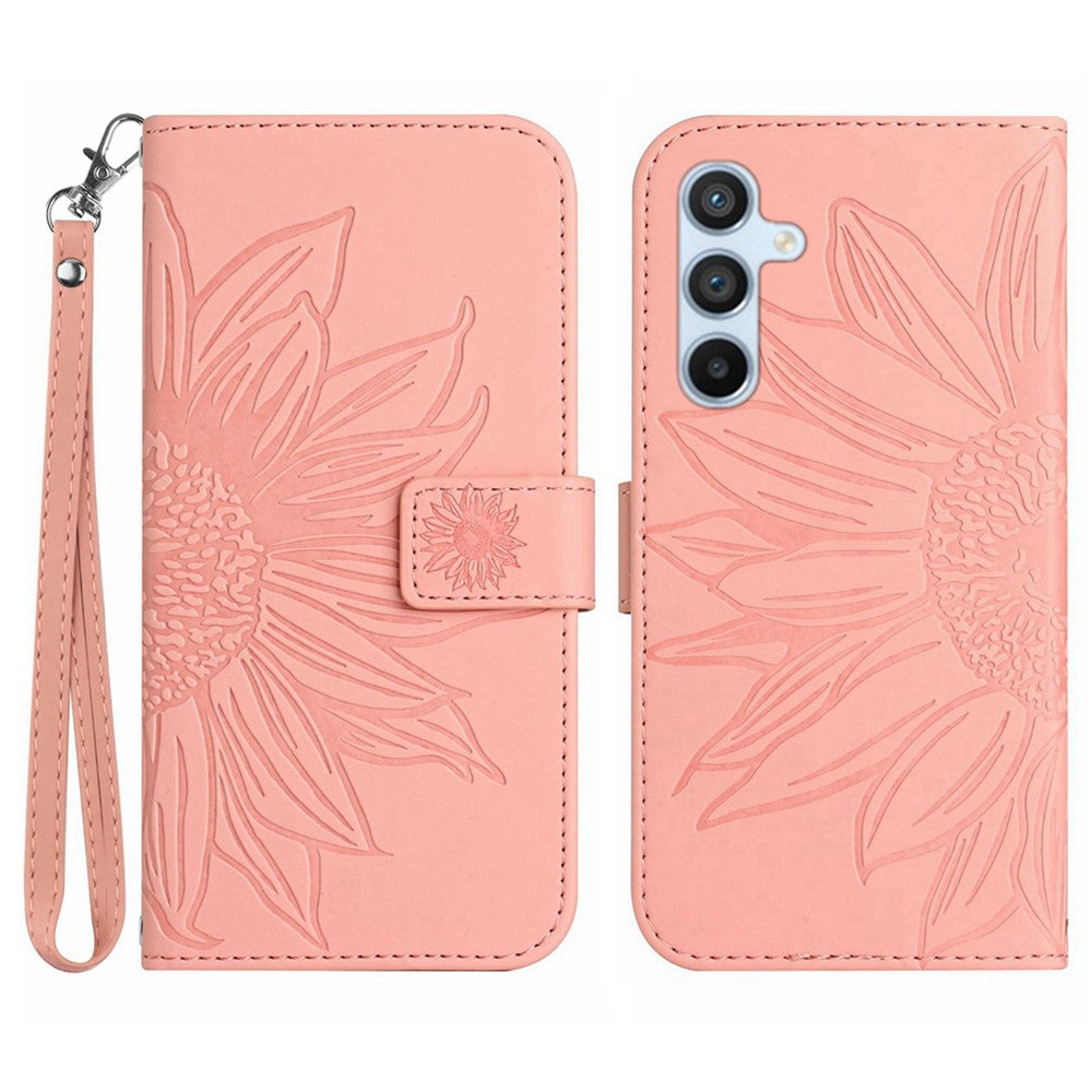 HT04 For Samsung Galaxy A37 5G / A36 5G Case Sunflower Imprint Leather Wallet Phone Cover with Wrist Strap