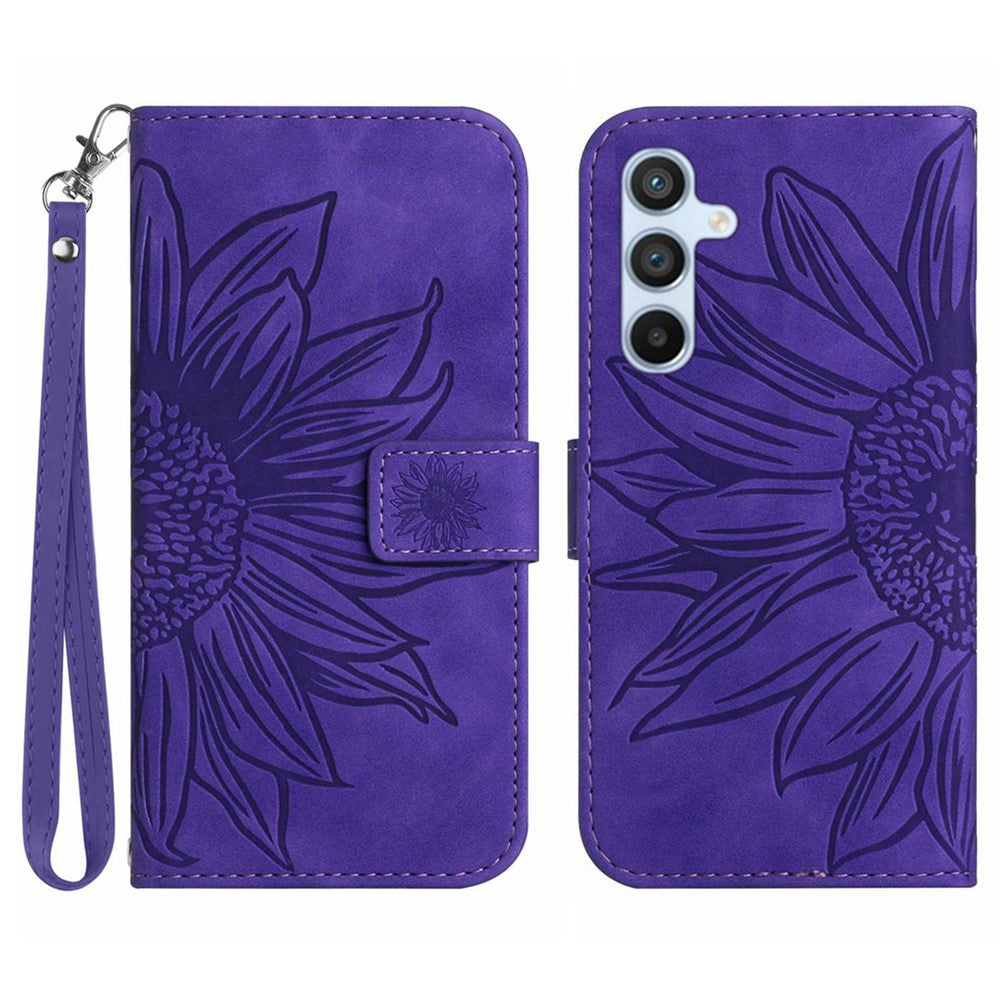 HT04 For Samsung Galaxy A37 5G / A36 5G Case Sunflower Imprint Leather Wallet Phone Cover with Wrist Strap