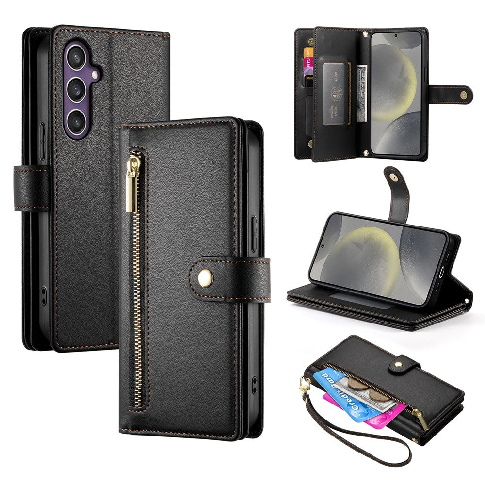 DF-011 For Samsung Galaxy S25 Case Zipper Pocket Wallet Leather Phone Cover with Straps