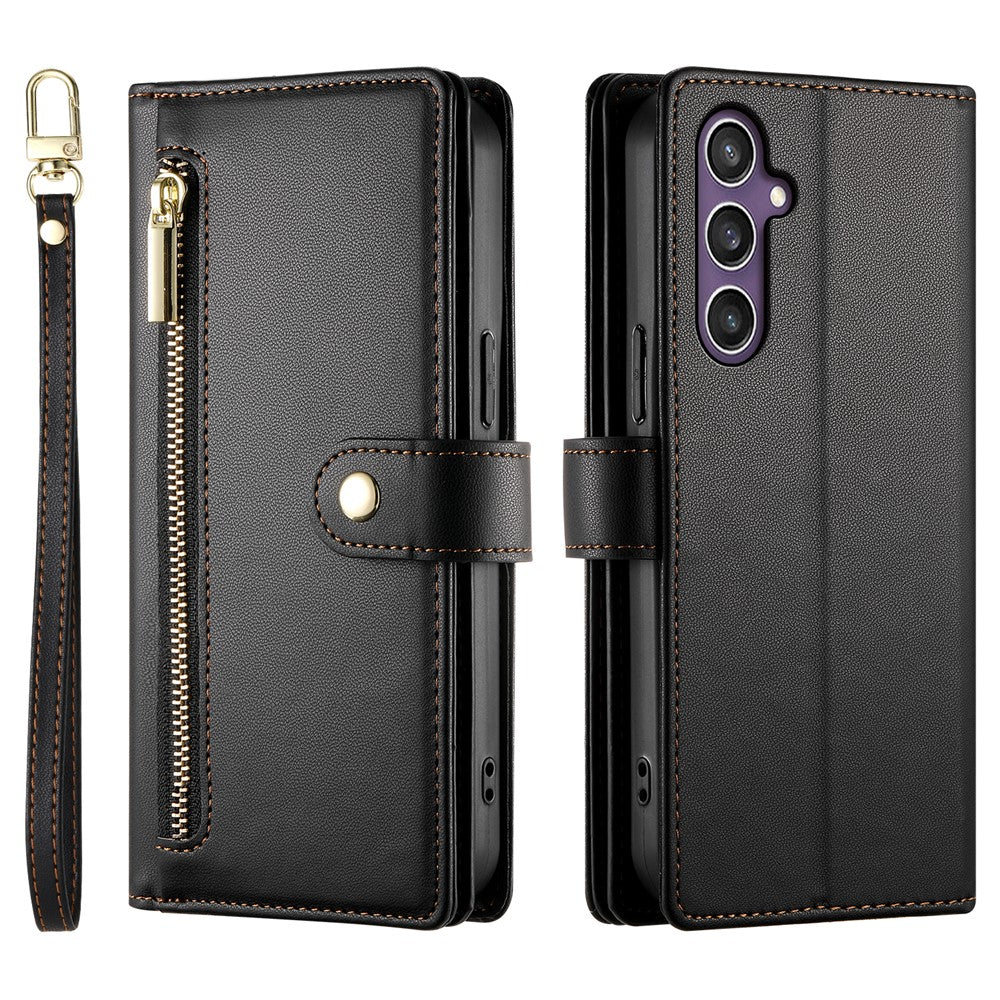 DF-011 For Samsung Galaxy S25 Case Zipper Pocket Wallet Leather Phone Cover with Straps