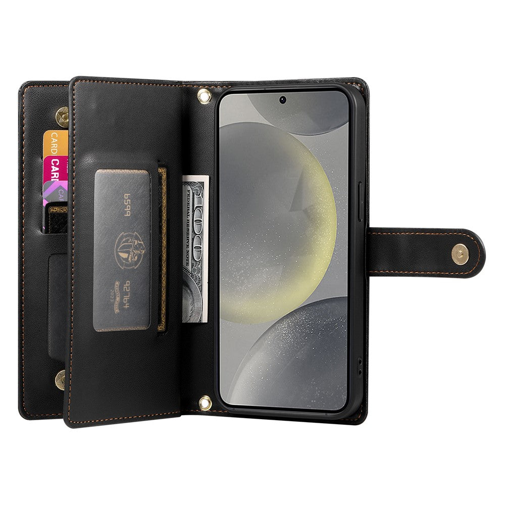 DF-011 For Samsung Galaxy S25 Case Zipper Pocket Wallet Leather Phone Cover with Straps