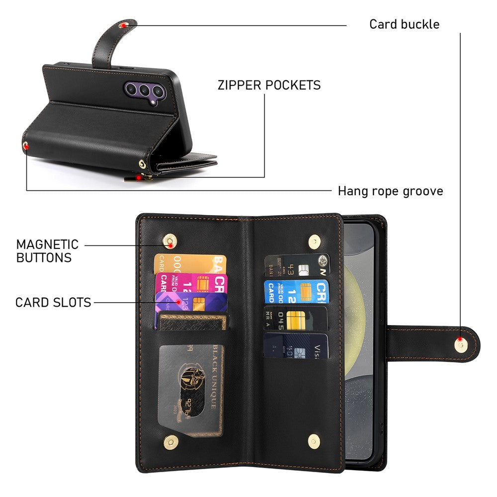DF-011 For Samsung Galaxy S25 Case Zipper Pocket Wallet Leather Phone Cover with Straps