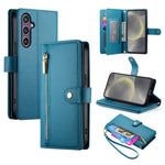 DF-011 For Samsung Galaxy S25 Case Zipper Pocket Wallet Leather Phone Cover with Straps
