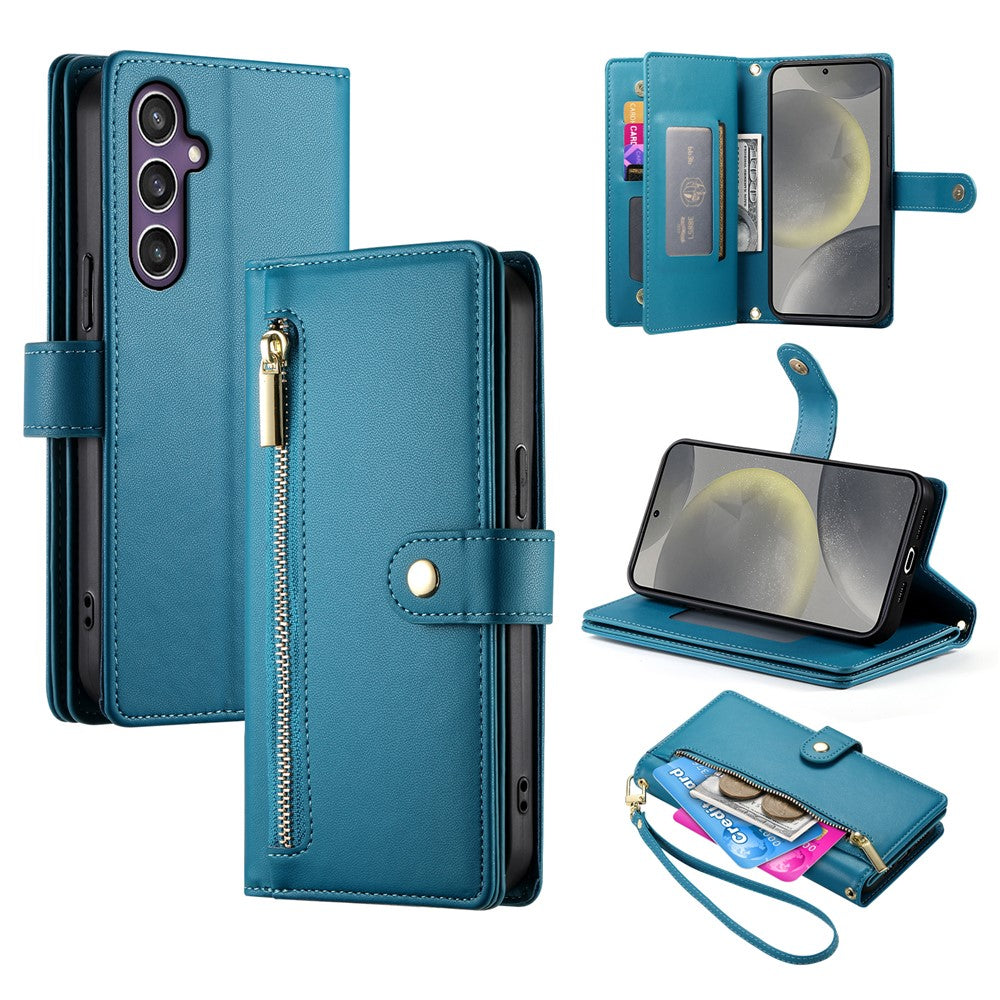 DF-011 For Samsung Galaxy S25 Case Zipper Pocket Wallet Leather Phone Cover with Straps