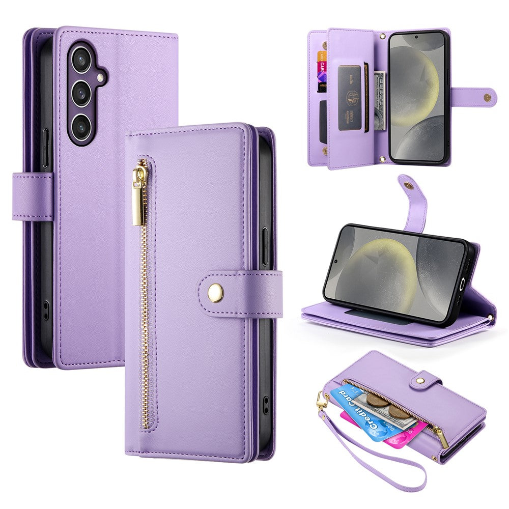 DF-011 For Samsung Galaxy S25 Case Zipper Pocket Wallet Leather Phone Cover with Straps