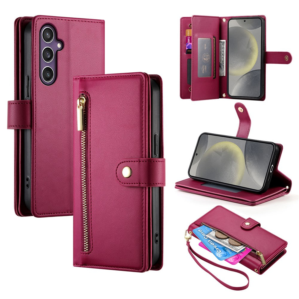 DF-011 For Samsung Galaxy S25 Case Zipper Pocket Wallet Leather Phone Cover with Straps
