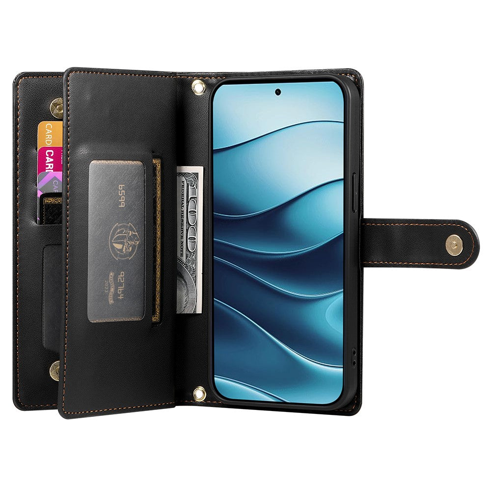 DF-011 For Xiaomi Redmi Note 14 5G Case Zipper Pocket Wallet Leather Phone Cover with Straps