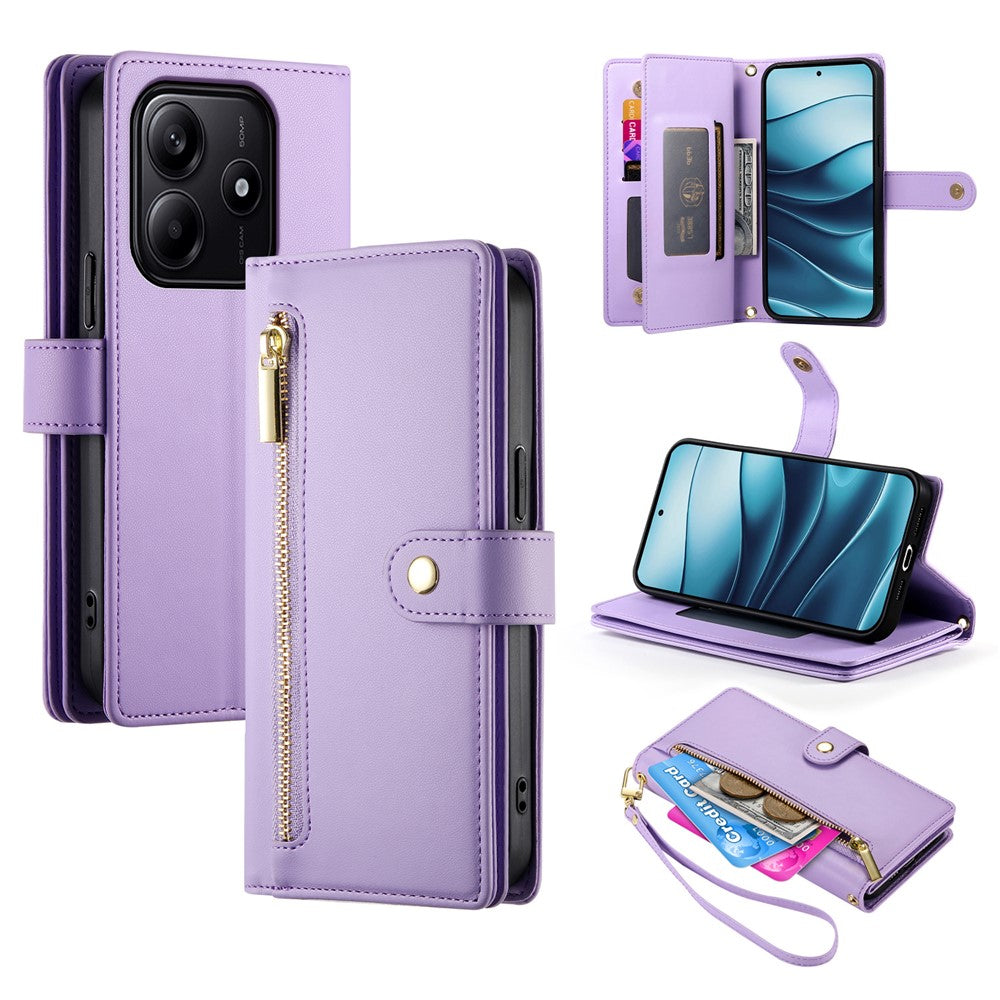 DF-011 For Xiaomi Redmi Note 14 5G Case Zipper Pocket Wallet Leather Phone Cover with Straps