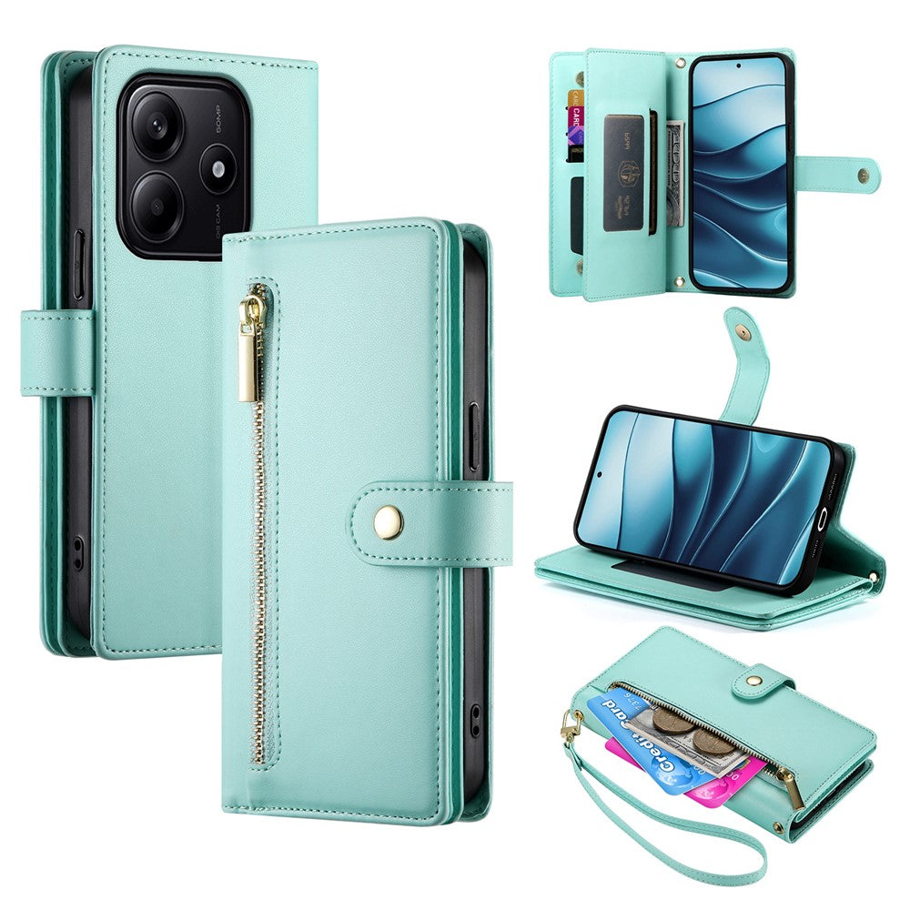 DF-011 For Xiaomi Redmi Note 14 5G Case Zipper Pocket Wallet Leather Phone Cover with Straps