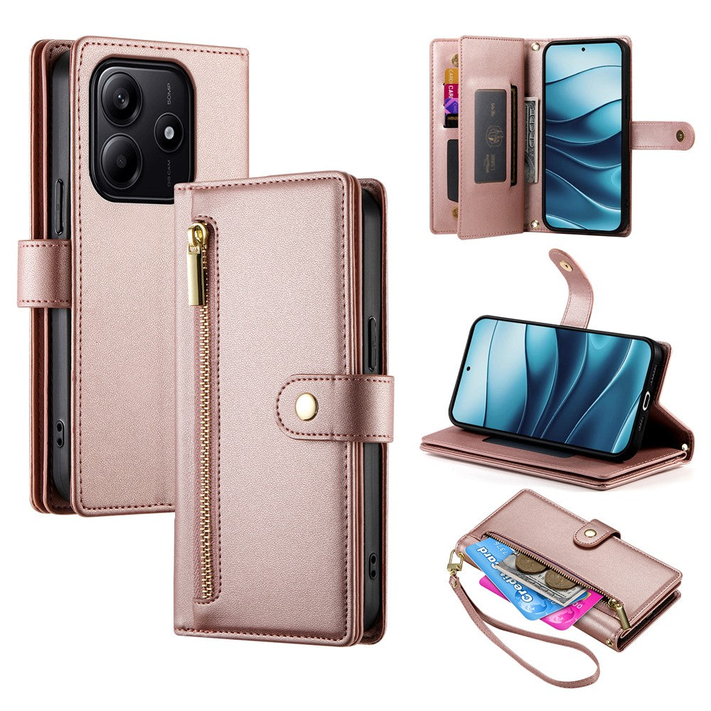 DF-011 For Xiaomi Redmi Note 14 5G Case Zipper Pocket Wallet Leather Phone Cover with Straps
