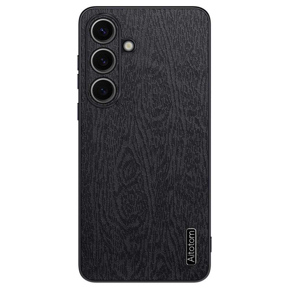 For Samsung Galaxy S25 Case Wood Texture PU Leather Coated PC+TPU Phone Cover