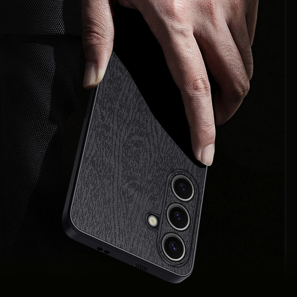 For Samsung Galaxy S25 Case Wood Texture PU Leather Coated PC+TPU Phone Cover