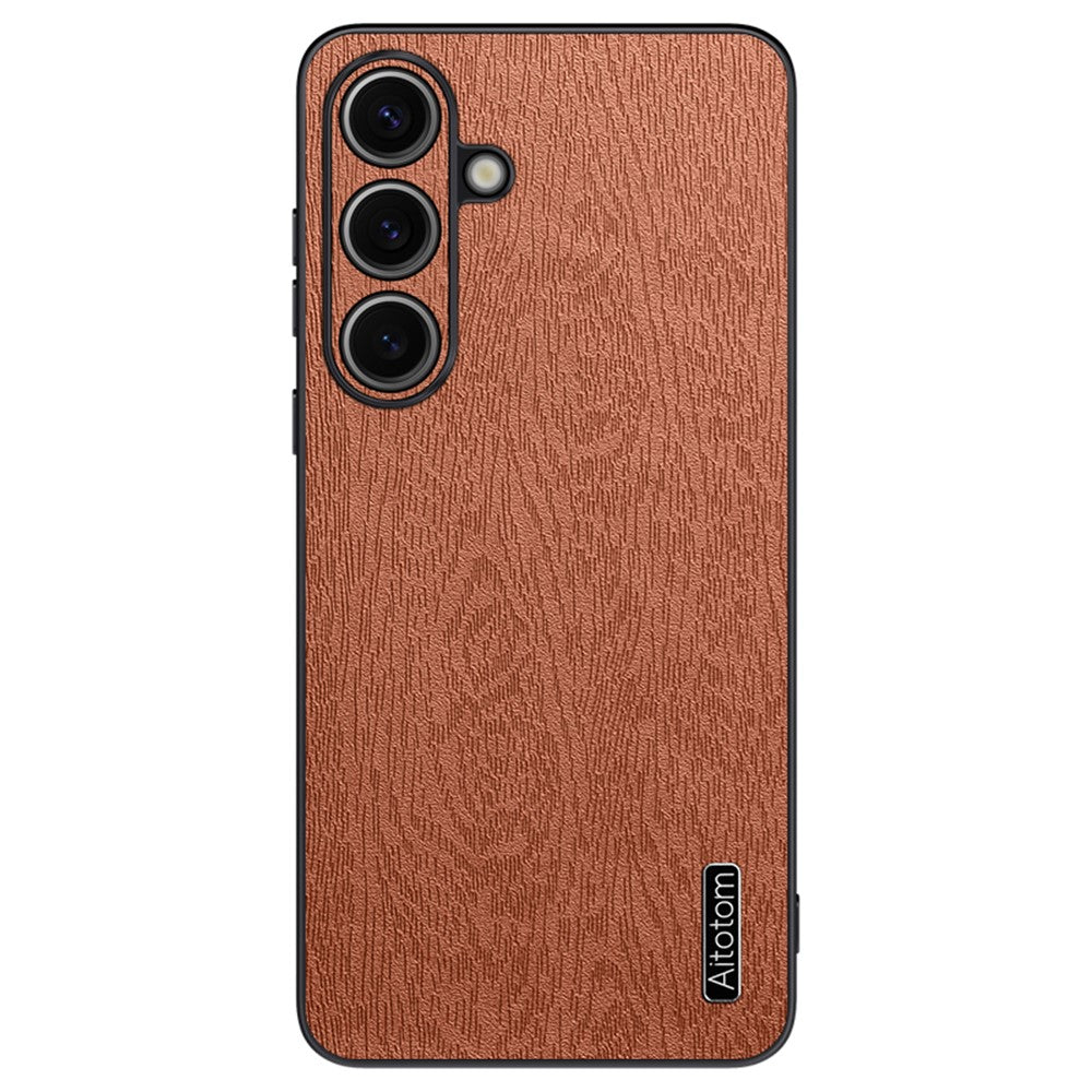 For Samsung Galaxy S25 Case Wood Texture PU Leather Coated PC+TPU Phone Cover