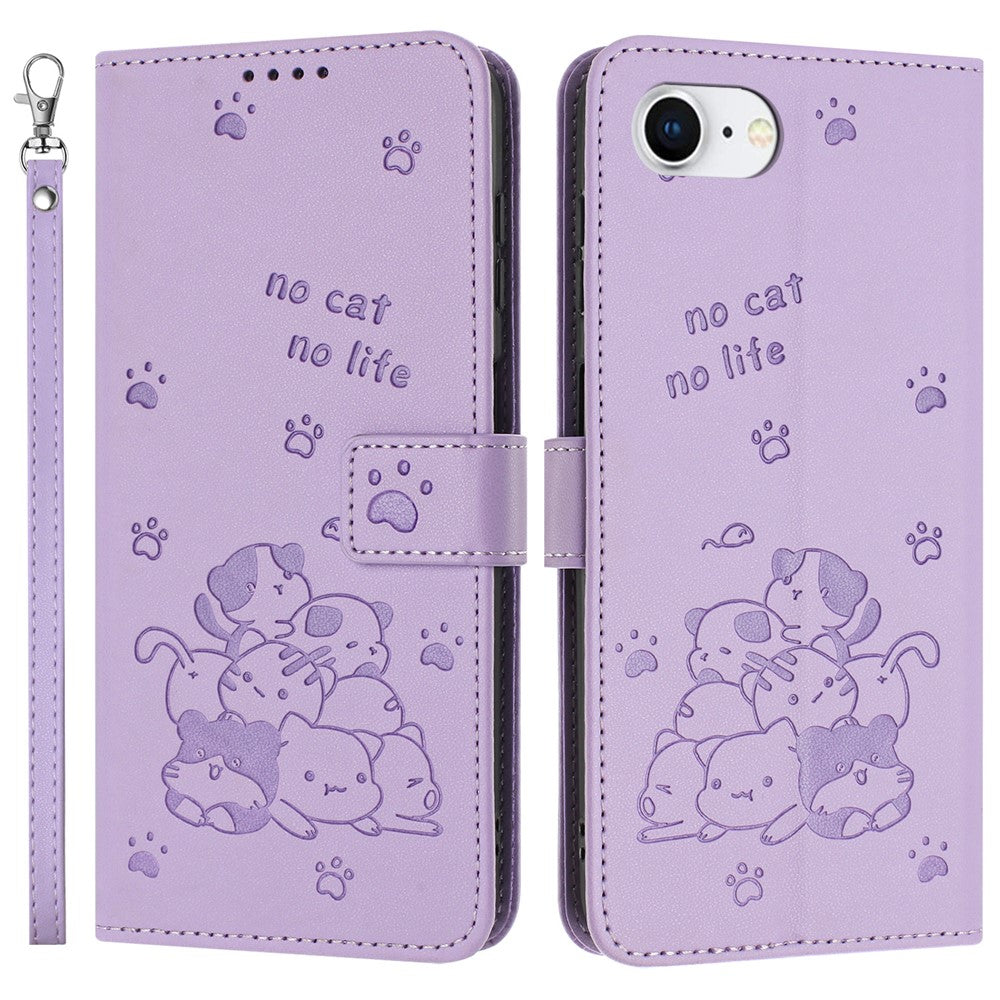 Til iPhone 17e / 16e cover med rem Katteaftryk læderpungtelefoncover
