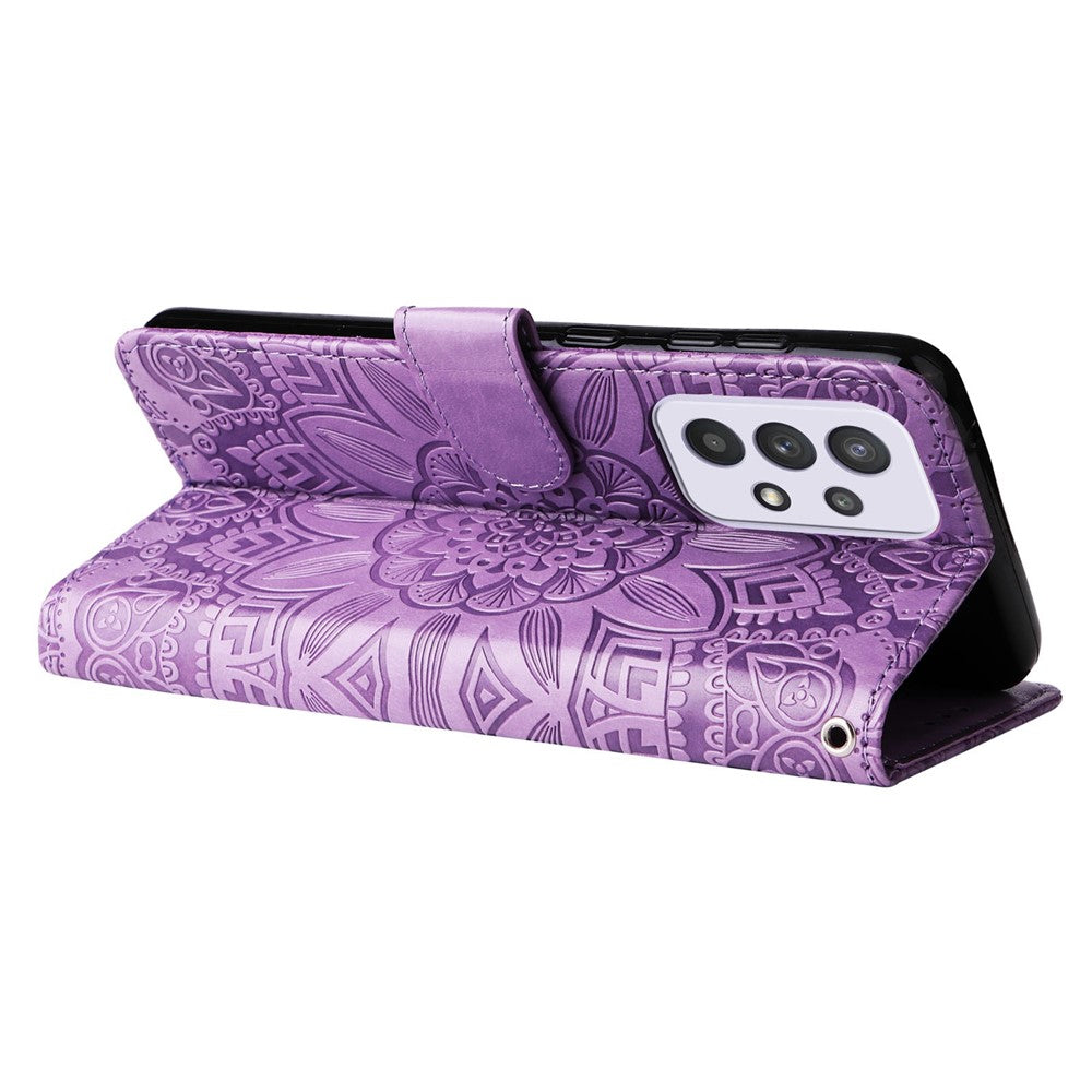 For Samsung Galaxy A33 5G Sunflower Imprinted Folio Flip Phone Case PU Leather Stand Magnetic Clasp Shockproof Cover with Strap
