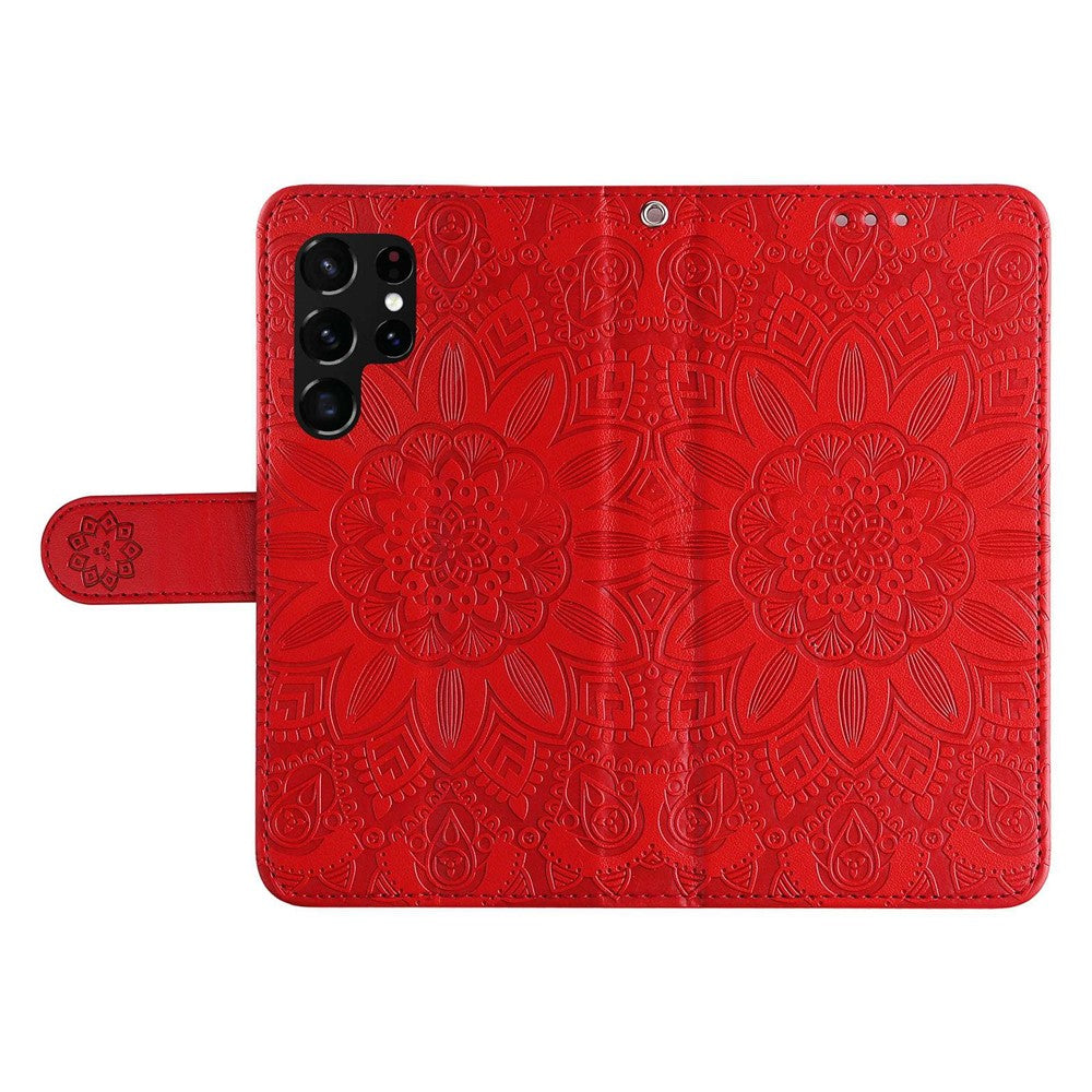 For Samsung Galaxy S22 Ultra 5G Sunflower Imprinted Wallet Phone Case PU Leather Wrist Strap Stand Feature Flip Cover