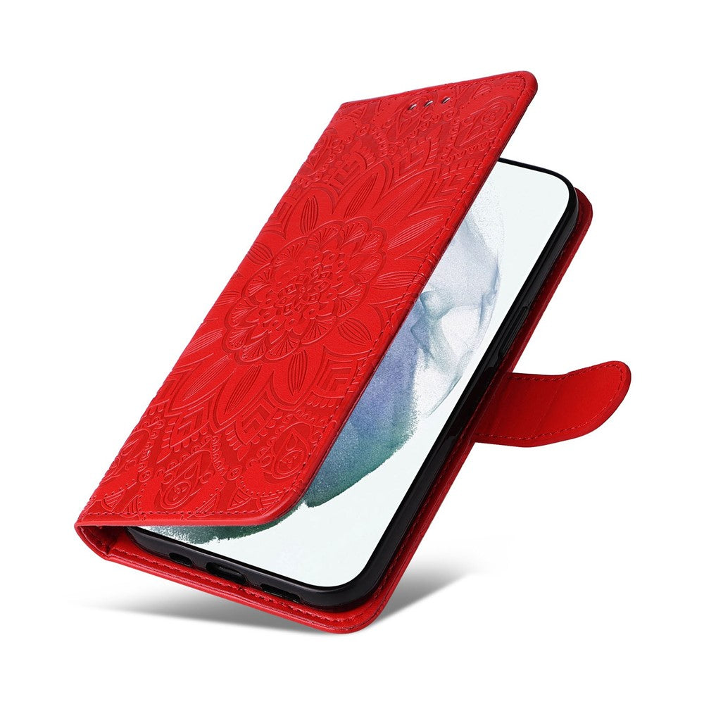 For Samsung Galaxy S22 Ultra 5G Sunflower Imprinted Wallet Phone Case PU Leather Wrist Strap Stand Feature Flip Cover