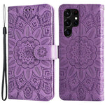 For Samsung Galaxy S22 Ultra 5G Sunflower Imprinted Wallet Phone Case PU Leather Wrist Strap Stand Feature Flip Cover