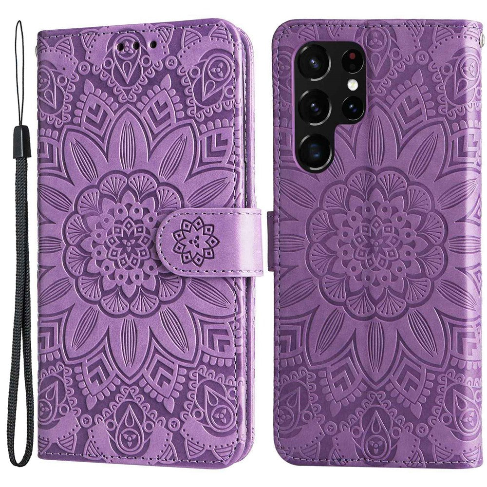 For Samsung Galaxy S22 Ultra 5G Sunflower Imprinted Wallet Phone Case PU Leather Wrist Strap Stand Feature Flip Cover
