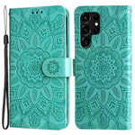 For Samsung Galaxy S22 Ultra 5G Sunflower Imprinted Wallet Phone Case PU Leather Wrist Strap Stand Feature Flip Cover