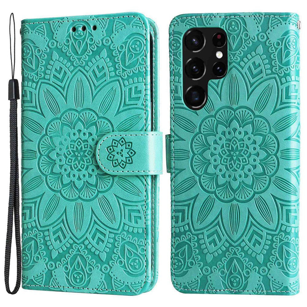 For Samsung Galaxy S22 Ultra 5G Sunflower Imprinted Wallet Phone Case PU Leather Wrist Strap Stand Feature Flip Cover