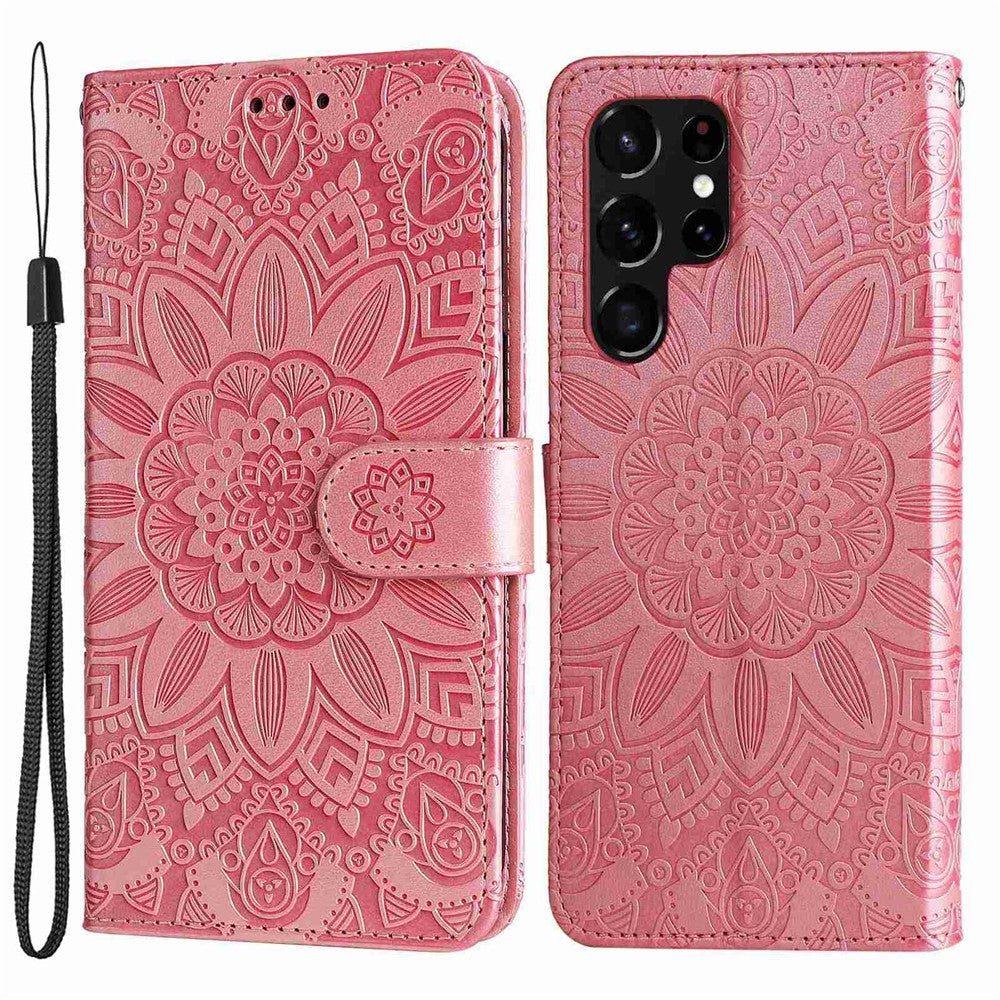 For Samsung Galaxy S22 Ultra 5G Sunflower Imprinted Wallet Phone Case PU Leather Wrist Strap Stand Feature Flip Cover