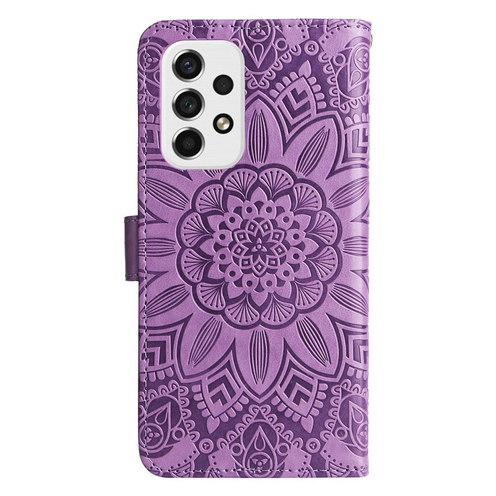 For Samsung Galaxy A53 5G Sunflower Imprinted Magnetic Closure Phone Case PU Leather Stand Flip Wallet Cover with Wrist Strap