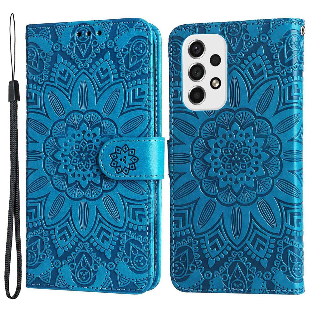 Samsung Galaxy A53 5G Solrospräglat Magnetisk Stängning mobilskal PU Läder Stativ Flip Plånboksfodral med Handledsrem