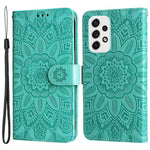 For Samsung Galaxy A53 5G Sunflower Imprinted Magnetic Closure Phone Case PU Leather Stand Flip Wallet Cover with Wrist Strap