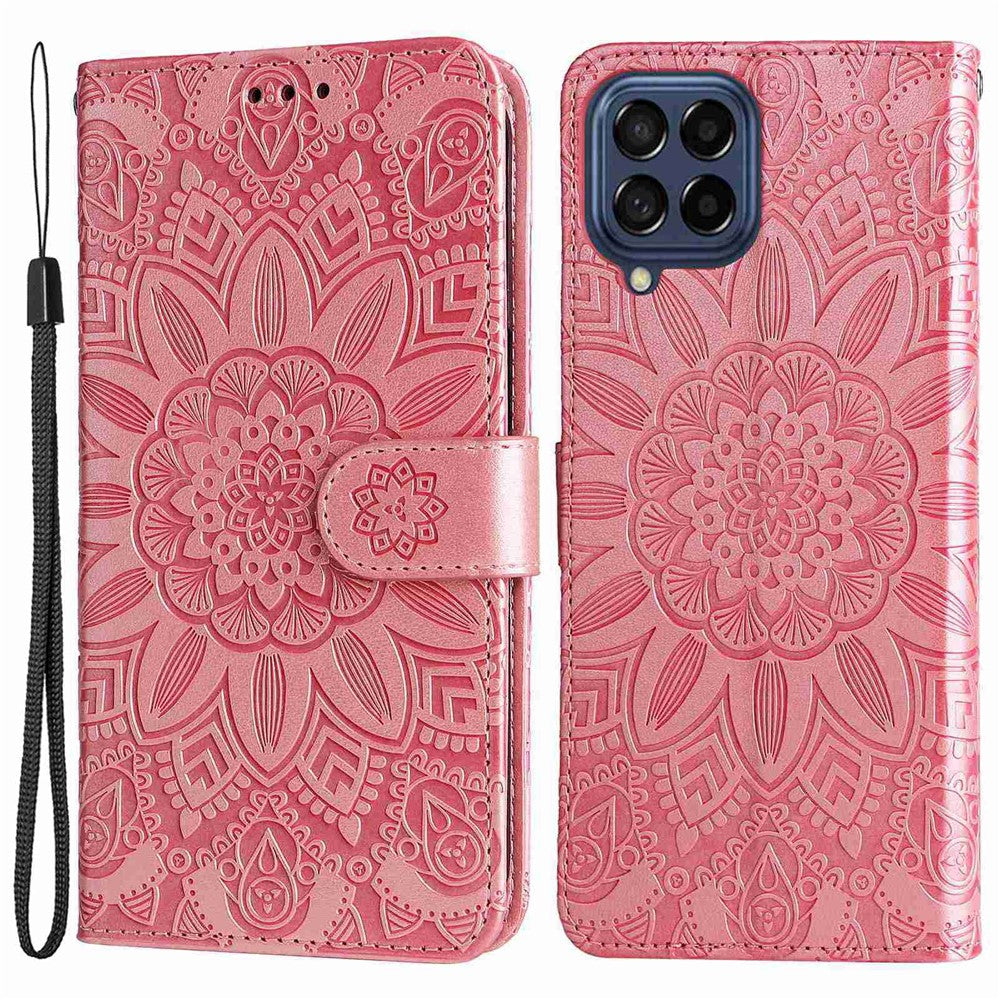 Samsung Galaxy M53 5G Solrospräglat PU-läder Flip Stand Phone Case Plånboksdesign Magnetisk stängning Inner TPU Anti-fall-skyddande fodral med rem