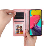 Samsung Galaxy M53 5G Solrospräglat PU-läder Flip Stand Phone Case Plånboksdesign Magnetisk stängning Inner TPU Anti-fall-skyddande fodral med rem