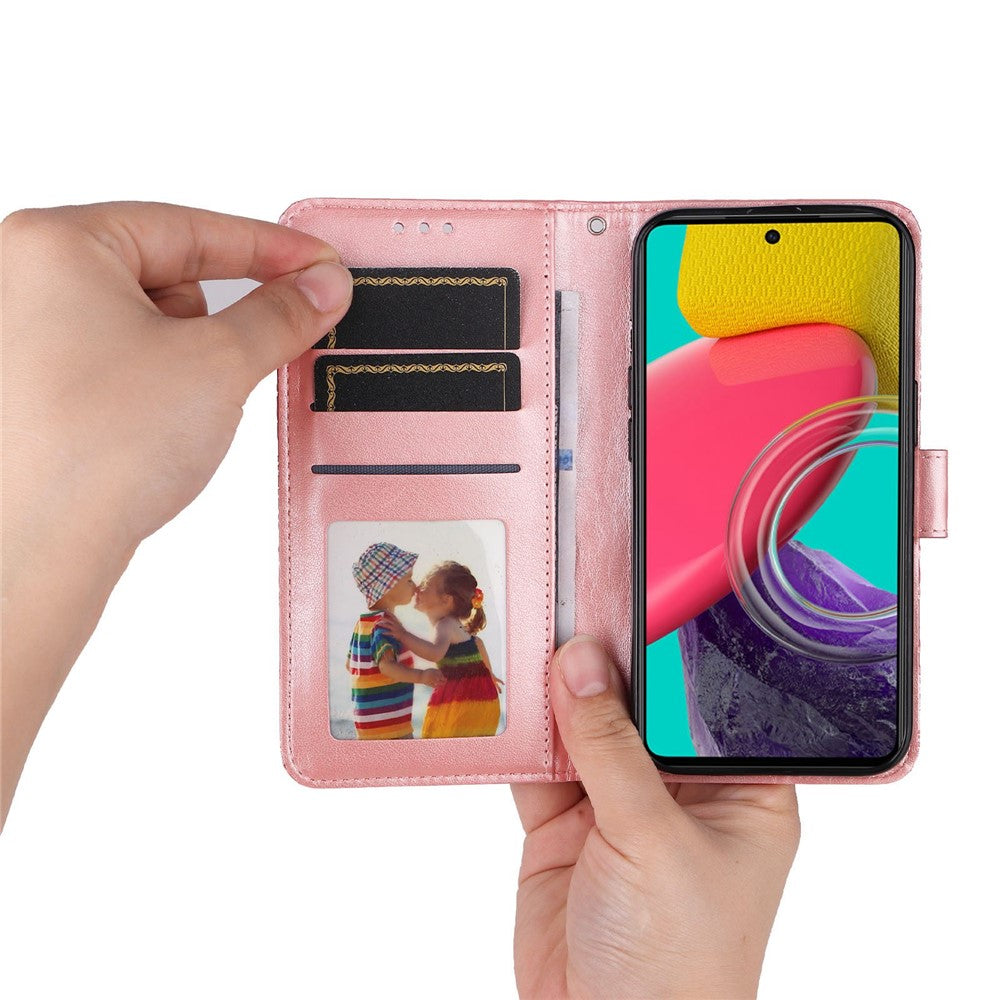 Samsung Galaxy M53 5G Solrospräglat PU-läder Flip Stand Phone Case Plånboksdesign Magnetisk stängning Inner TPU Anti-fall-skyddande fodral med rem