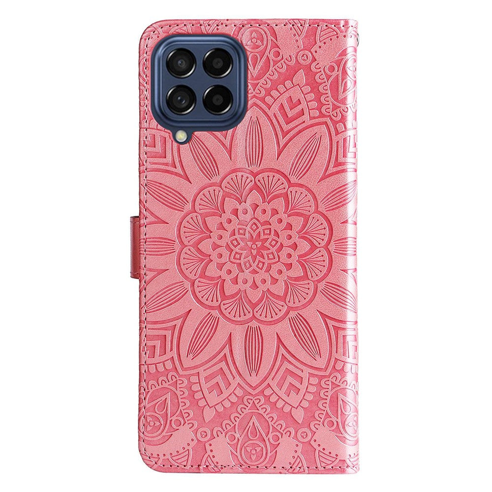 Samsung Galaxy M53 5G Solrospräglat PU-läder Flip Stand Phone Case Plånboksdesign Magnetisk stängning Inner TPU Anti-fall-skyddande fodral med rem