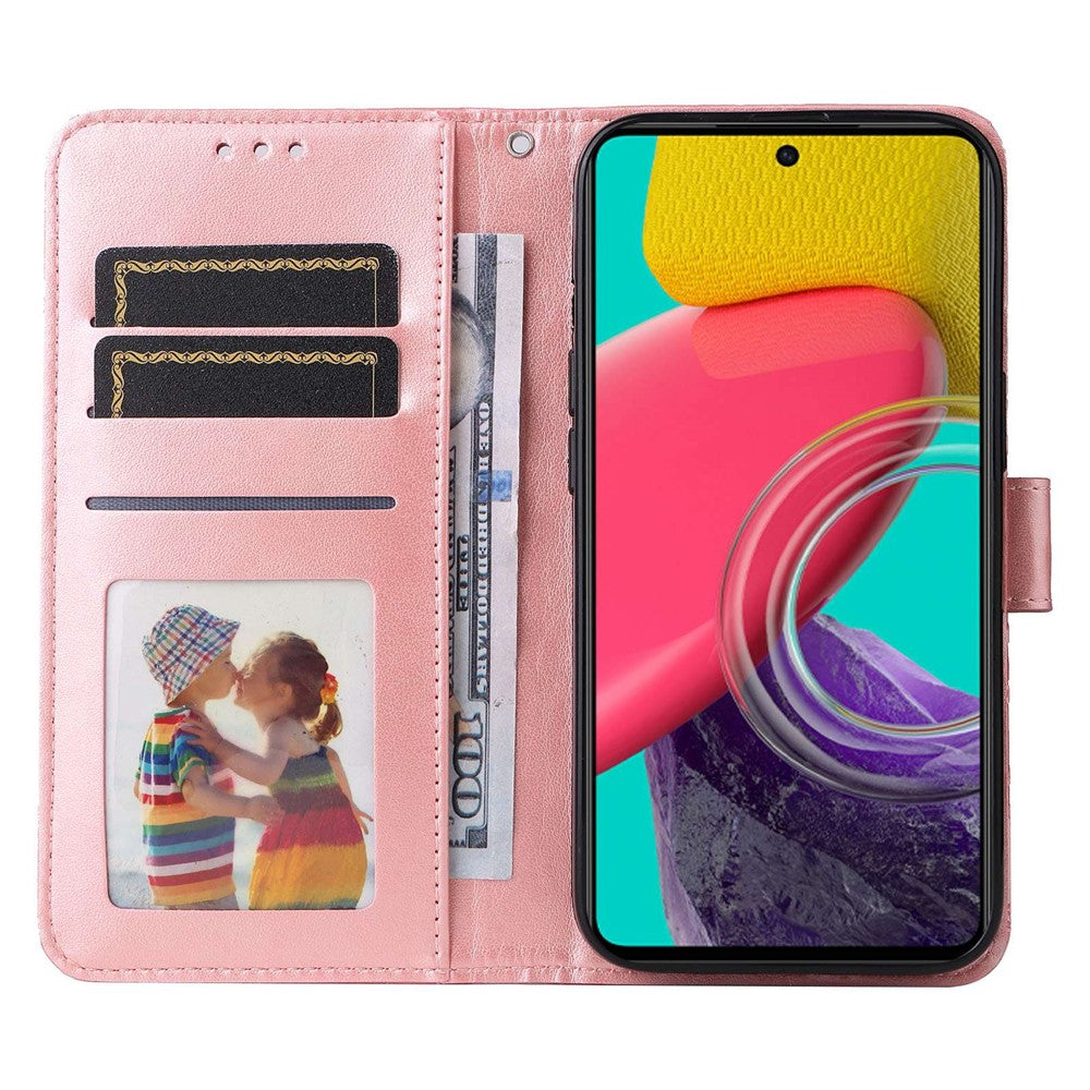 Samsung Galaxy M53 5G Solrospräglat PU-läder Flip Stand Phone Case Plånboksdesign Magnetisk stängning Inner TPU Anti-fall-skyddande fodral med rem