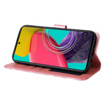 Samsung Galaxy M53 5G Solrospräglat PU-läder Flip Stand Phone Case Plånboksdesign Magnetisk stängning Inner TPU Anti-fall-skyddande fodral med rem