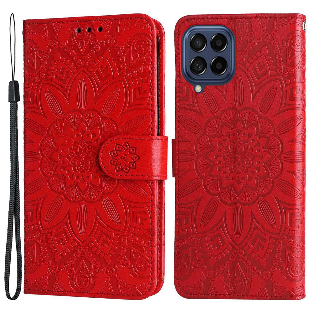 Samsung Galaxy M53 5G Solrospräglat PU-läder Flip Stand Phone Case Plånboksdesign Magnetisk stängning Inner TPU Anti-fall-skyddande fodral med rem