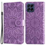 Samsung Galaxy M53 5G Solrospräglat PU-läder Flip Stand Phone Case Plånboksdesign Magnetisk stängning Inner TPU Anti-fall-skyddande fodral med rem