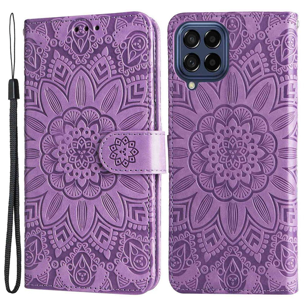 Samsung Galaxy M53 5G Solrospräglat PU-läder Flip Stand Phone Case Plånboksdesign Magnetisk stängning Inner TPU Anti-fall-skyddande fodral med rem