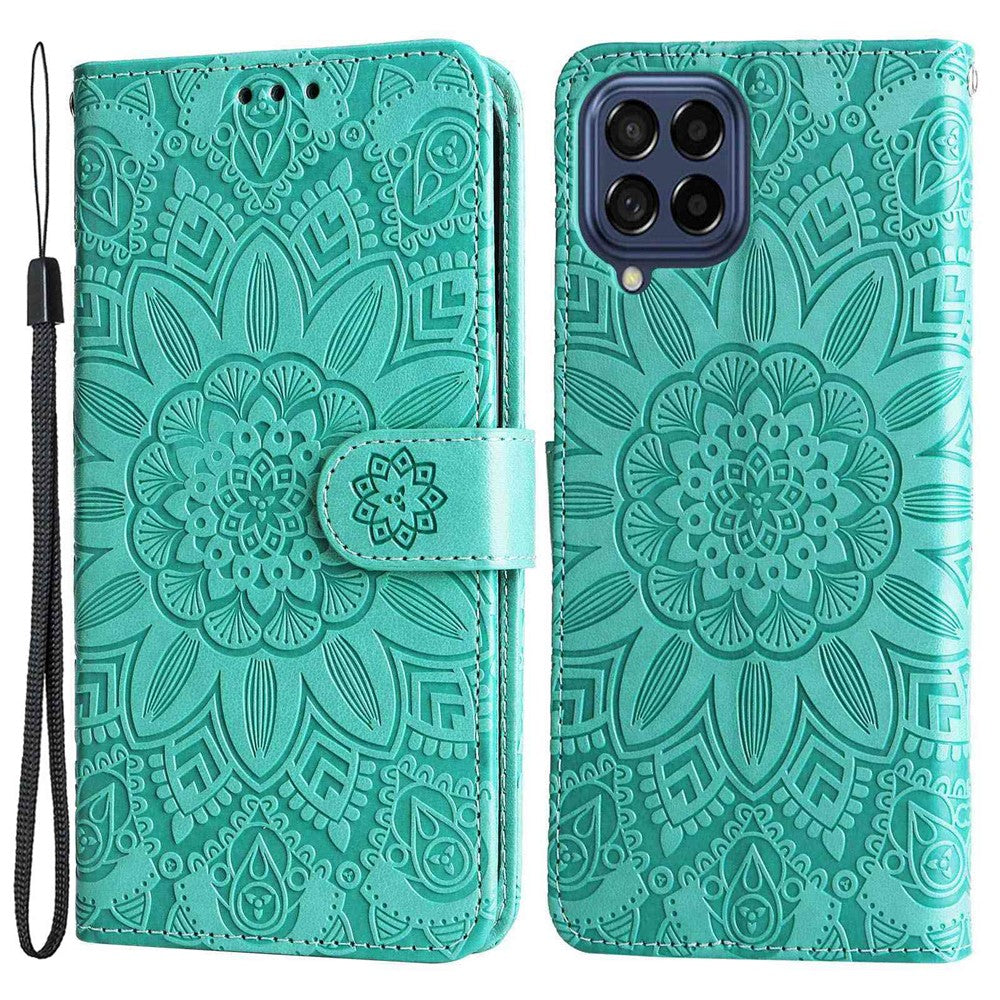 Samsung Galaxy M53 5G Solrospräglat PU-läder Flip Stand Phone Case Plånboksdesign Magnetisk stängning Inner TPU Anti-fall-skyddande fodral med rem