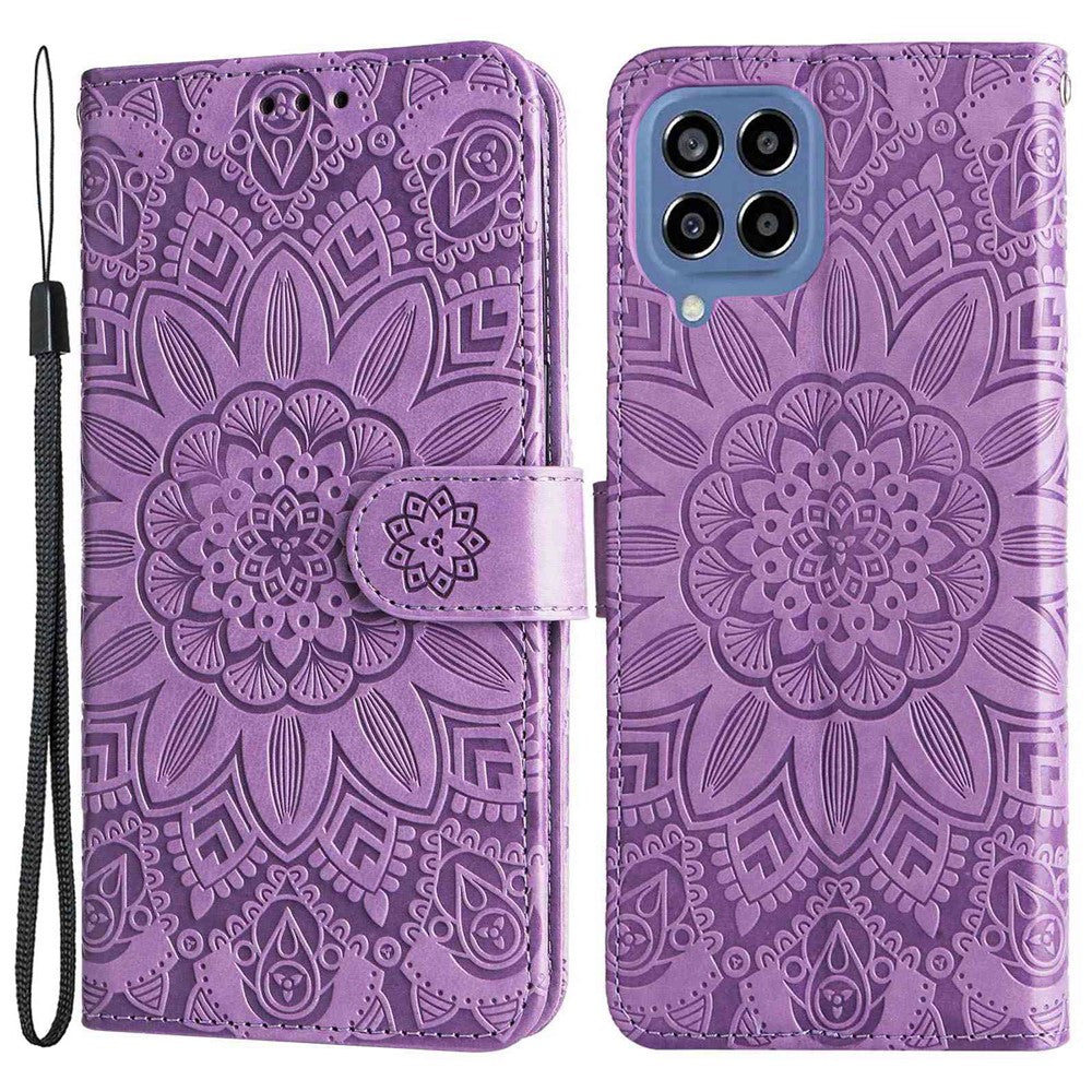 For Samsung Galaxy M33 5G (Global Version) Shockproof PU Leather Phone Case Magnetic Closure Sunflower Imprinted Stand Flip Wallet Cover with Strap