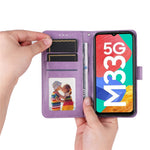 For Samsung Galaxy M33 5G (Global Version) Shockproof PU Leather Phone Case Magnetic Closure Sunflower Imprinted Stand Flip Wallet Cover with Strap