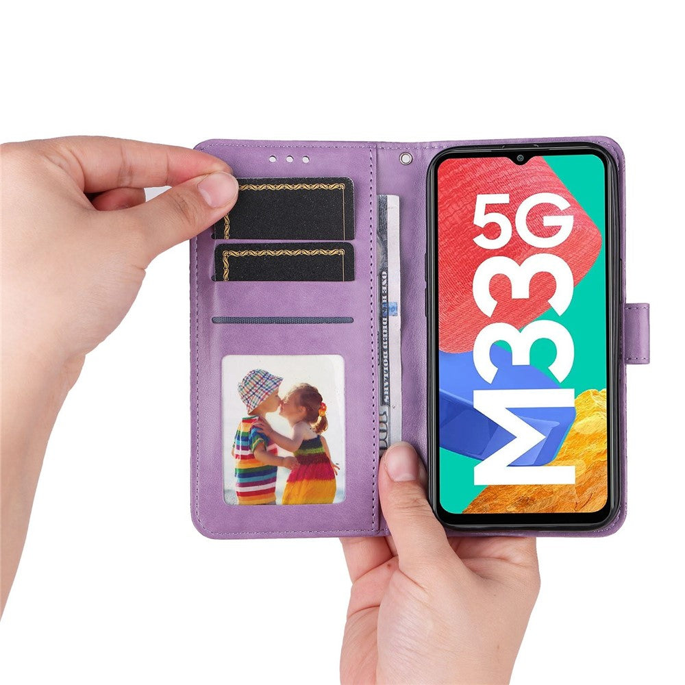 For Samsung Galaxy M33 5G (Global Version) Shockproof PU Leather Phone Case Magnetic Closure Sunflower Imprinted Stand Flip Wallet Cover with Strap