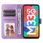 For Samsung Galaxy M33 5G (Global Version) Shockproof PU Leather Phone Case Magnetic Closure Sunflower Imprinted Stand Flip Wallet Cover with Strap