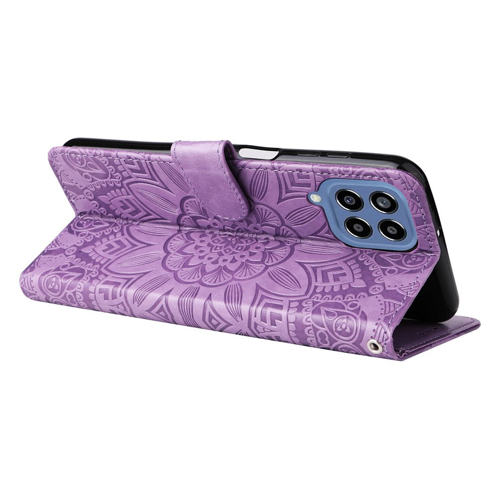 For Samsung Galaxy M33 5G (Global Version) Shockproof PU Leather Phone Case Magnetic Closure Sunflower Imprinted Stand Flip Wallet Cover with Strap
