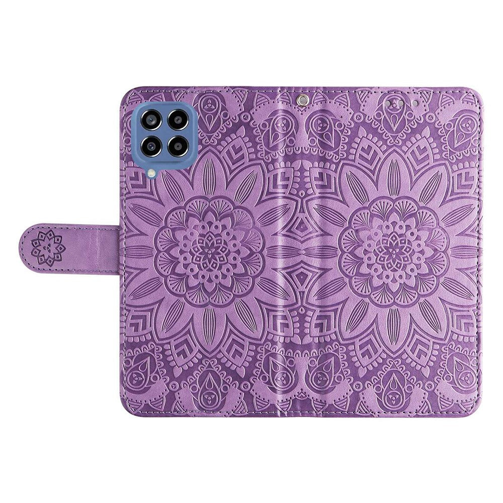 For Samsung Galaxy M33 5G (Global Version) Shockproof PU Leather Phone Case Magnetic Closure Sunflower Imprinted Stand Flip Wallet Cover with Strap
