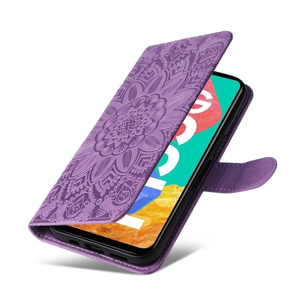 For Samsung Galaxy M33 5G (Global Version) Shockproof PU Leather Phone Case Magnetic Closure Sunflower Imprinted Stand Flip Wallet Cover with Strap